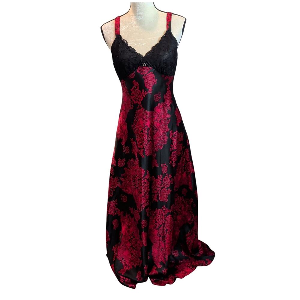 Y2K Black Red Babydoll Satin Lace Bias Cut Slip Dress Maxi Vamp Whimsygoth Fairy